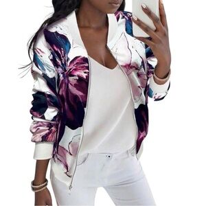 New Women's Floral Bomber Jacket Lightweight Zip Up Chic Trendy Statement Layer